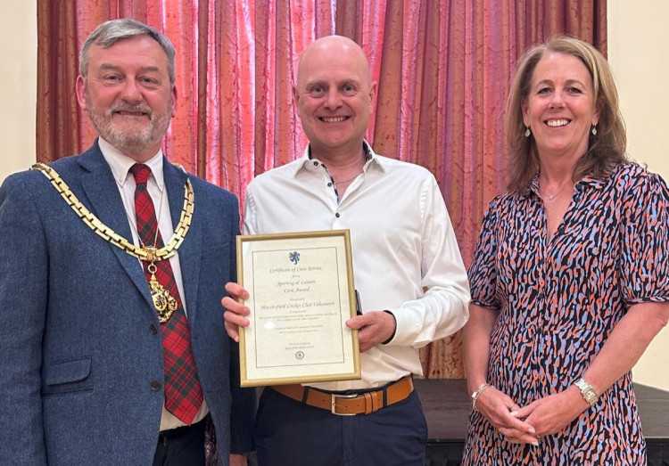 The Mayor of Macclesfield, councillor Sandy Livingston with chair of Macclesfield Cricket Club, Andrew Bradshaw, and Katherine Bradshaw (Credit: MCC)