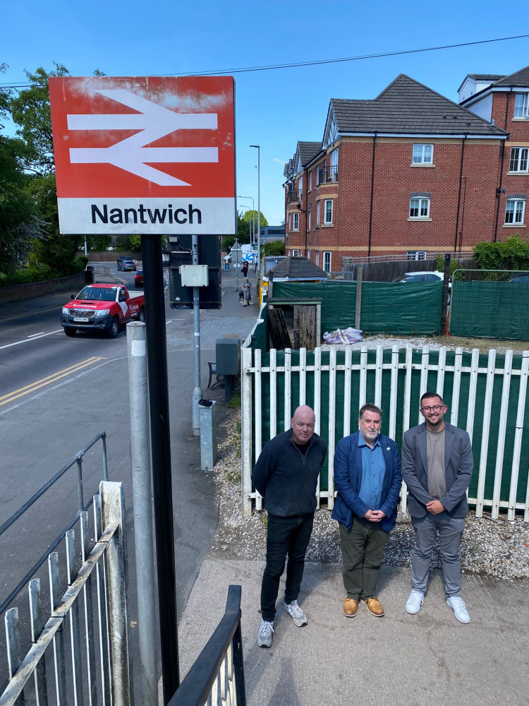 Nantwich South and Stapeley councillors, Geoff Smith and John Priest, and Connor Naismith MP visited the renewed site of Nantwich Station, which has recently been cleared and fenced off by Network Rail (Connor Naismith MP).