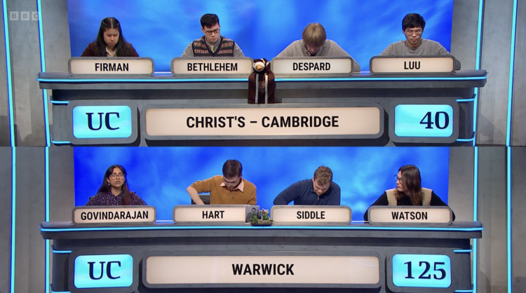 Warwick faced off against Christ's College Cambridge in the final on BBC Two (image via BBC)