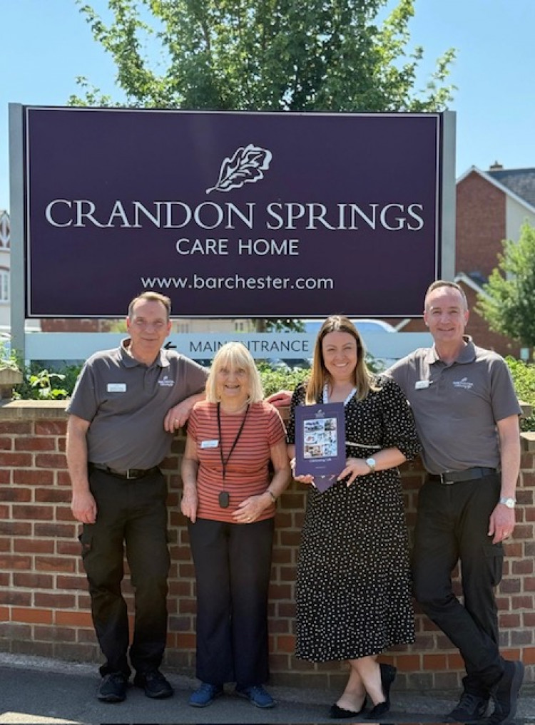  Photo caption: Meg Cleal, Crandon Springs General Manager, alongside Senior Head of Maintenance Pete Laing, Maintenance Assistant Matt Harley, and Residents’ Ambassador, Christine Trutch, celebrating the care home’s `outstanding` rating for health and safety.  