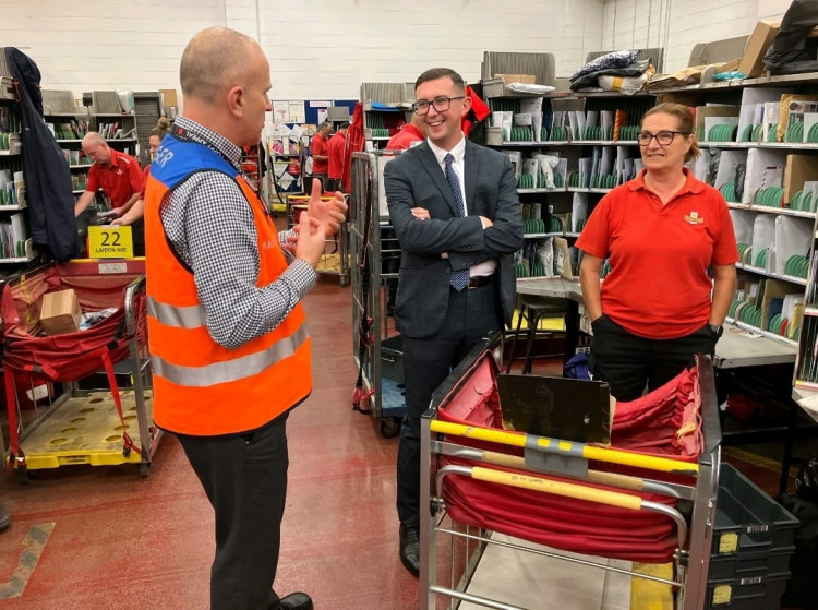 Connor Naismith MP with Royal Mail employees at the Crewe sorting office (Connor Naismith MP).