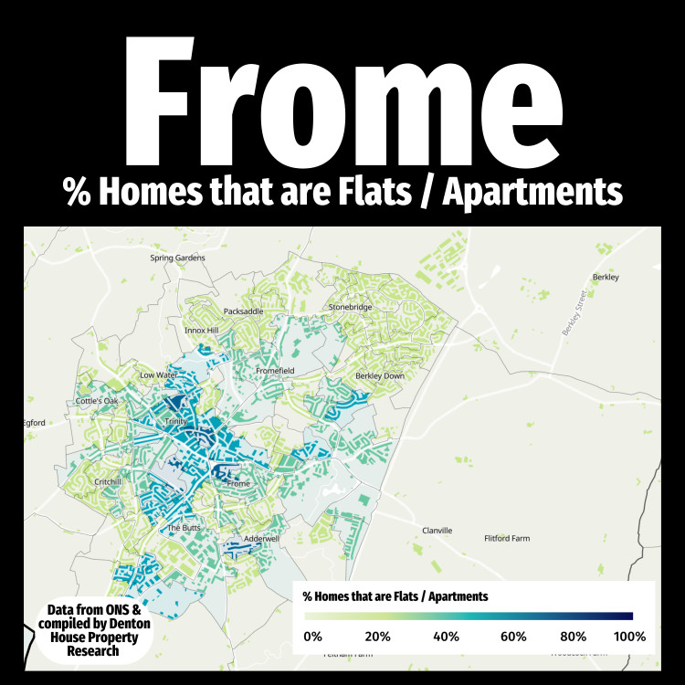 Map shows the concentration of flats and apartments across Frome, highlighting areas with the highest proportions.