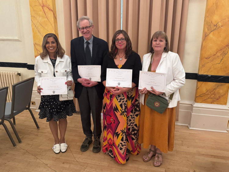Mayor's Awards Sukhbinder Kaur Sidhu, Hugh Beale, Nicola Olorenshaw-Smith, Fran Scott (images via Leamington Town Council) 