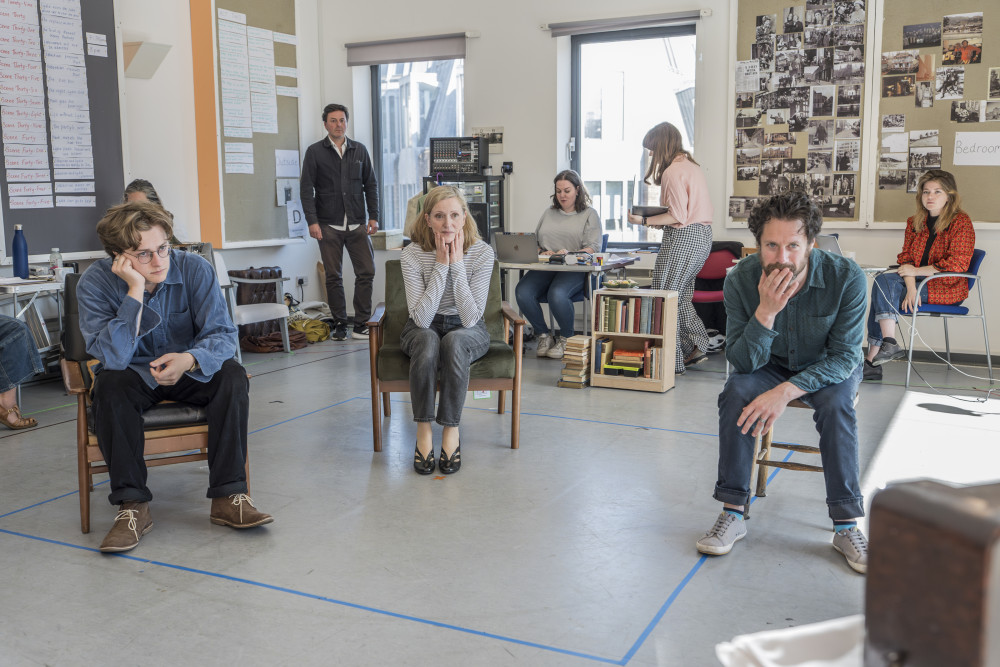 (Left to right) Joe Edgar, Dominic Rowan, Claire Price and Daniel Abelson during rehearsals for In Praise of Love (credit: Ellie Kurttz). (Left to right) Joe Edgar, Dominic Rowan, Claire Price and Daniel Abelson during rehearsals for In Praise of Love (credit: Ellie Kurttz).
