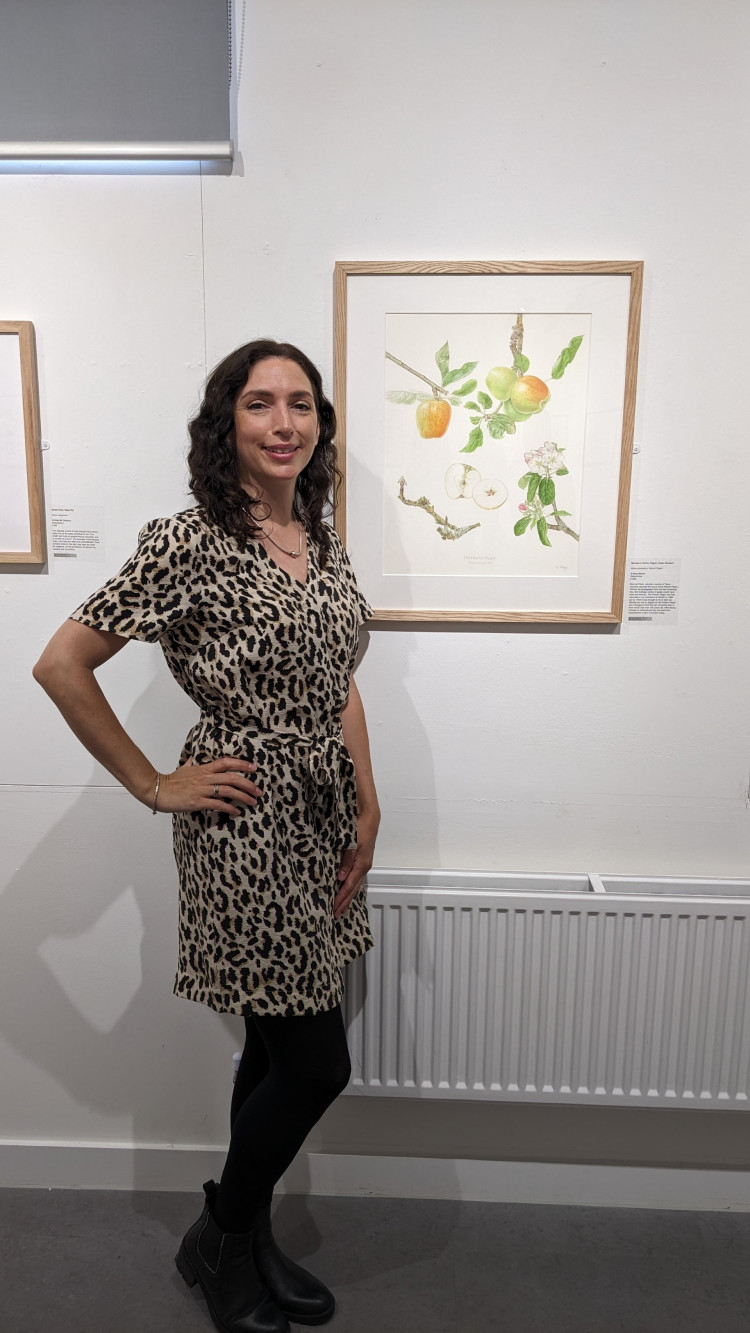 Nina Mayes pictured at the Royal Birmingham Society of Artists next to her painting of the Hitchin Pippin, part of the Botanical Art Worldwide 2025 exhibition. 