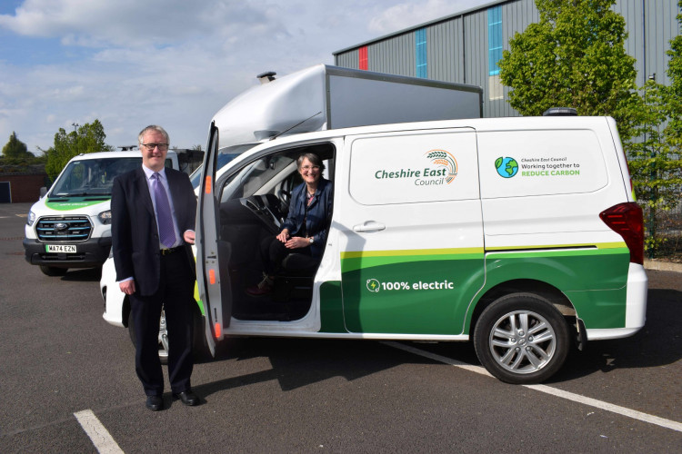 Councillor Sam Corcoran and Councillor Heather Seddon with one of the council’s electric fleet vehicles. (Photo: Cheshire East Council)