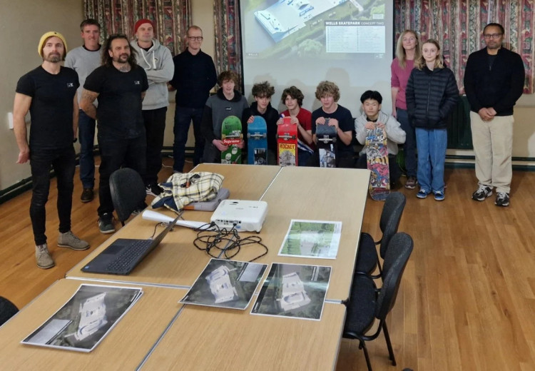 Some of the community group with Maverick preparing for an evening to share the designs with the community after consultation. (Photo: Wells Skatepark Community Group/GFM) 