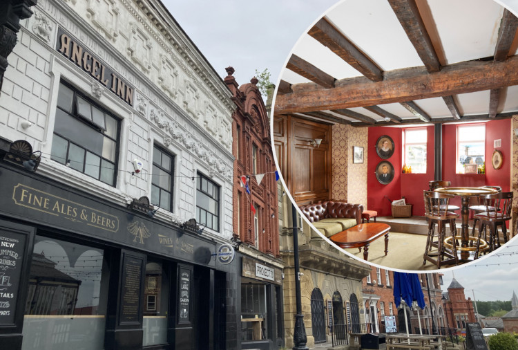 The Angel Inn in Stockport's Market Place has been designated as a Grade II listed building following an inspection from Historic England (Images: main - Nub News / inset: Stockport Council)