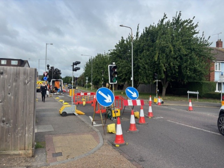 A familiar sight. Gas works on and around the pedestrian crossing on London Road, Stanford. 