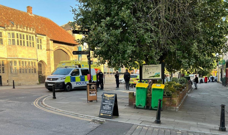 Emergency services in Magdalene Street in Glastonbury last night (MJ/DILY) 