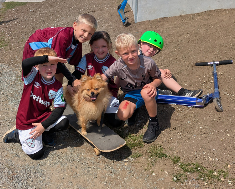 Children from the Preedy and Chapman family, and pup Cooper, were some of the first to put the new skatepark to the test. (Credit: Maldon District Council)