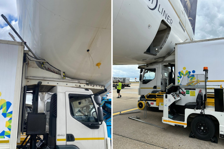 The Saudia Boeing was left with a hole after a baggage lorry crashed into it at Heathrow Airport (credit: SWNS).