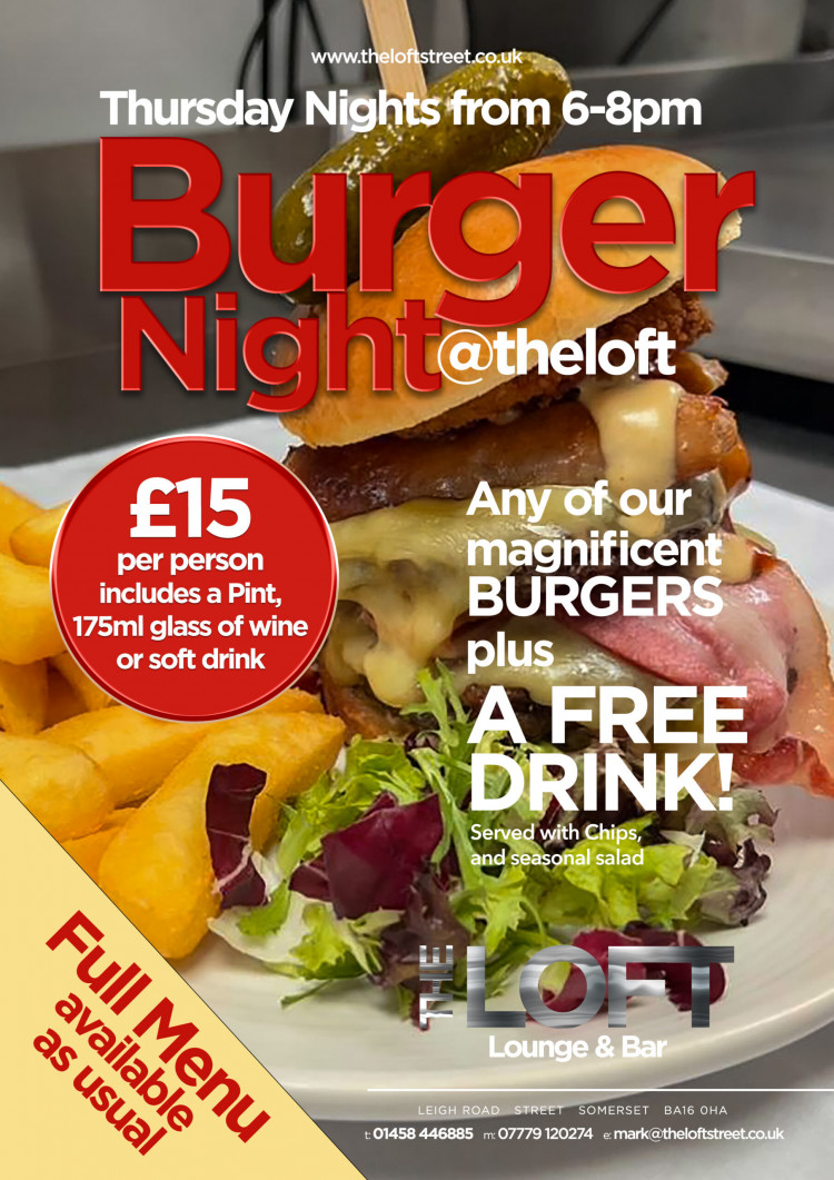 Thursdays at The Loft on Leigh Road offer a £15 Burger Night from 6 PM to 8 PM, including chips, salad, and a free drink. 