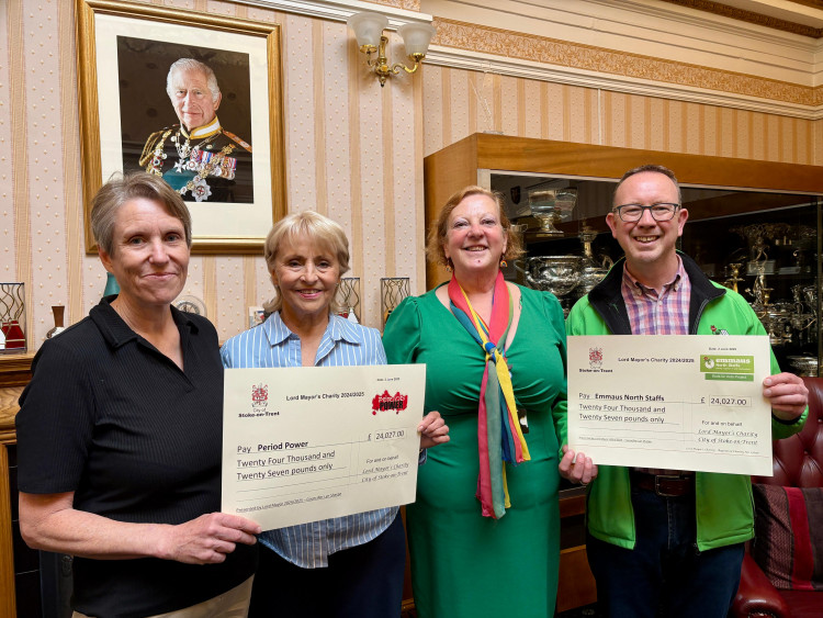 Representatives from Emmaus North Staffs and Period Power have been presented with a cheque for £24,027. (SOT CC)