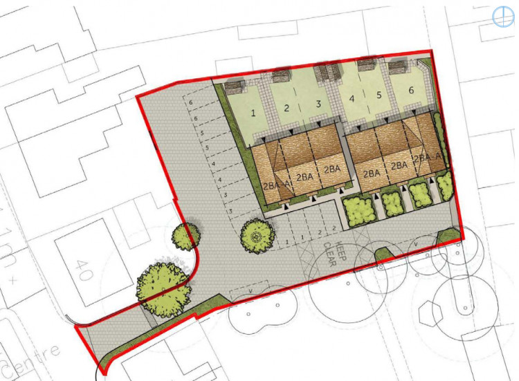 Proposed site layout for the Norbins Road development, showing six two-bedroom homes, parking, and landscaping. 