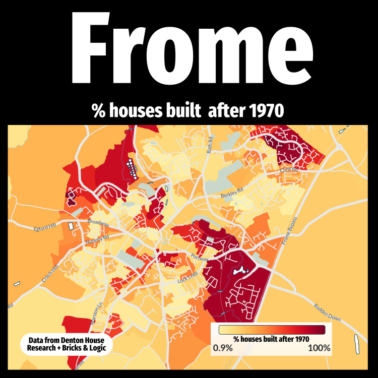 A new map of Frome shows the age of housing stock across the town, highlighting where post-1970 homes have been built.