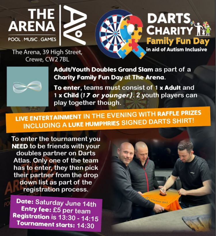 The Arena is excited to announce a Charity Darts Family Fun day on Saturday 14 June.