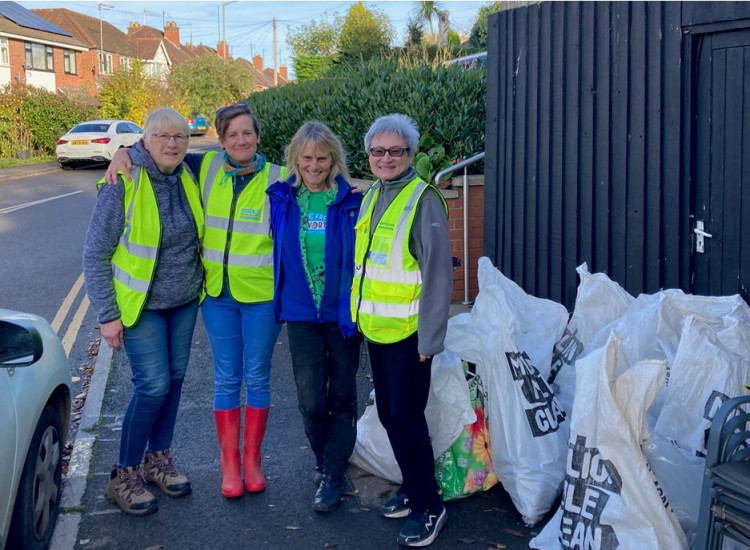 Group litter pick for Surfers Against Sewage Million Mile Clean in October 2024. Left to right: Sheila Franks (Kenilworth Litter Picking Group), Alison Firth (Plastic Free Kenilworth leader), Diana Browne (Kenilworth Litter Picking Group), May Lau (Recycle for Kenilworth)