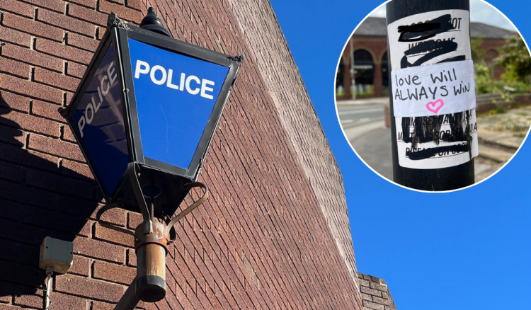 Police are investigating 'highly offensive' posters spotted around Macclesfield. Many of them have since been taken down or covered up (Credit: Nub News)