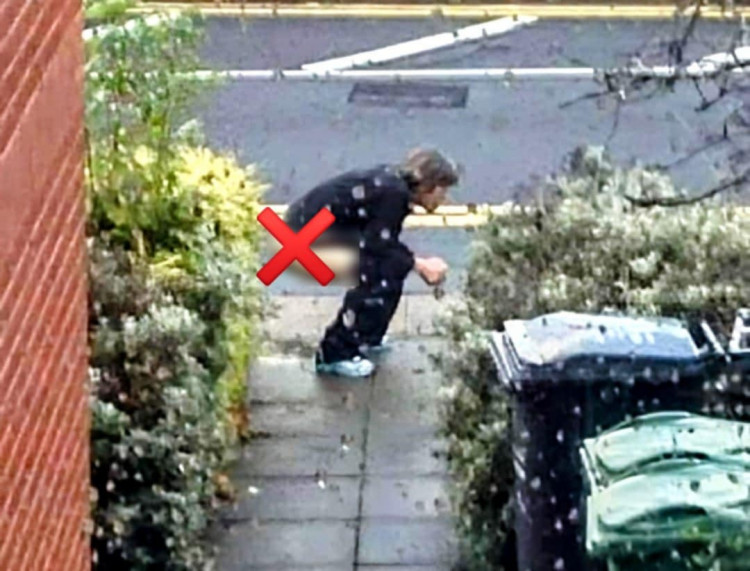 Ricky Dwyer, 37, of Bateman Close, had gotten out of the bath and got dressed on Saturday 14 June to see the unknown male squeezing to take a poo on his front garden path (Supplied).