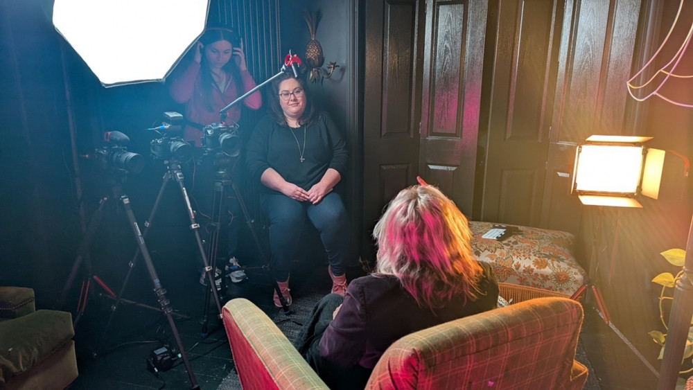 Camera operator, Leah Martin and director Natalie Scarsbrook interview Syd Moore. Camera operator, Leah Martin and director Natalie Scarsbrook interview Syd Moore.