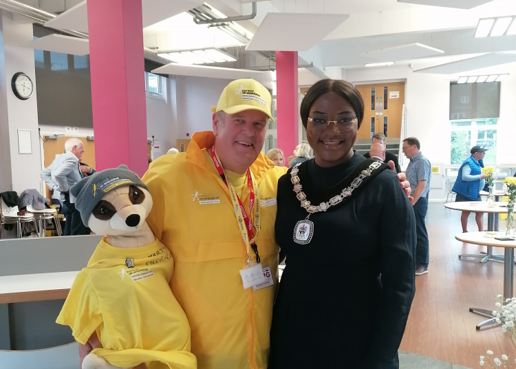 Martin with Marty the Meercat and Ashby Town Mayor Damilola (Photo: supplied)
