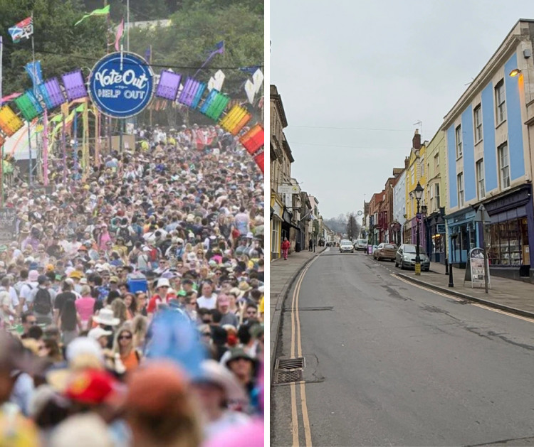 Left: Crowds at Worthy Farm soak up the festival atmosphere. Right: Meanwhile, Glastonbury High Street stands almost empty.