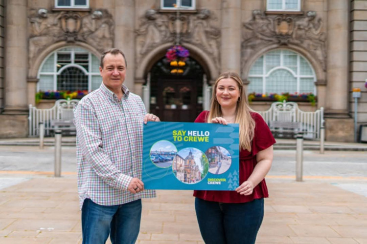Chair of Crewe BID and director of South Cheshire Glass, Graham Saunders, with fellow BID Board Member Rowenna Buckley from Hibberts Solicitors, one of the many businesses backing the BID (Discover Crewe).