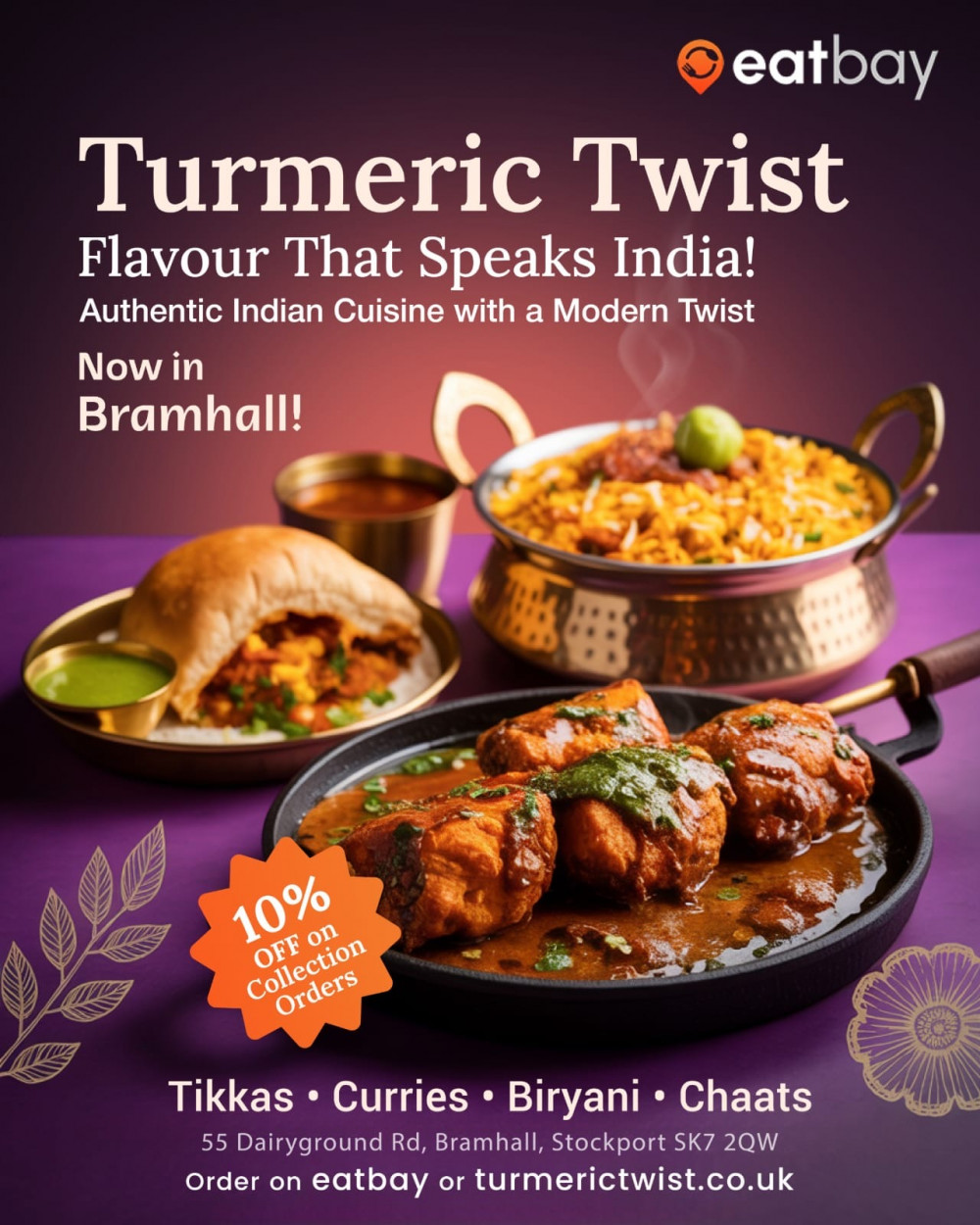 Claim a 10 percent discount off collection orders at Turmeric Twist on 55 Dairyground Road, Bramhall Claim a 10 percent discount off collection orders at Turmeric Twist on 55 Dairyground Road, Bramhall