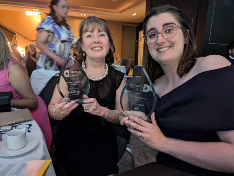 Lisa Nixon and Laura Birch with their awards at the Dementia Care Awards (Credit: ECT). 