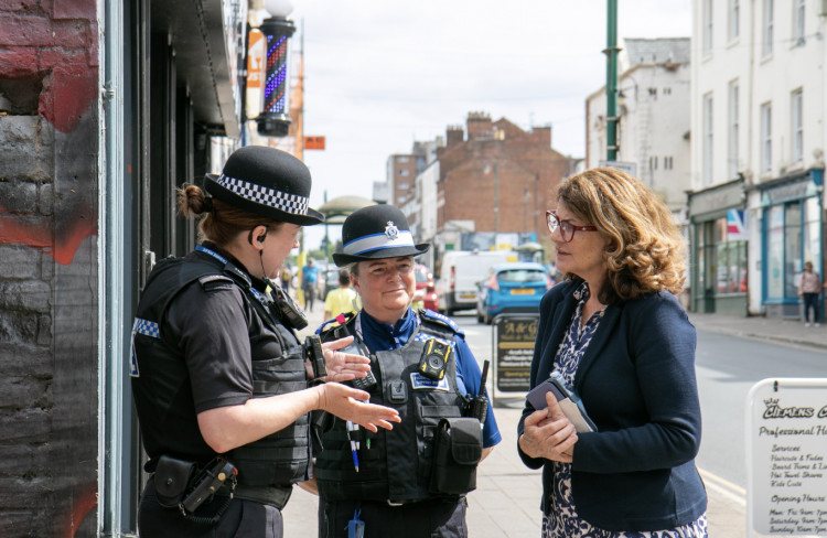 Policing Minister Dame Diana Johnson  with Warwickshire Police in Leamington (images via Warwickshire Police) 
