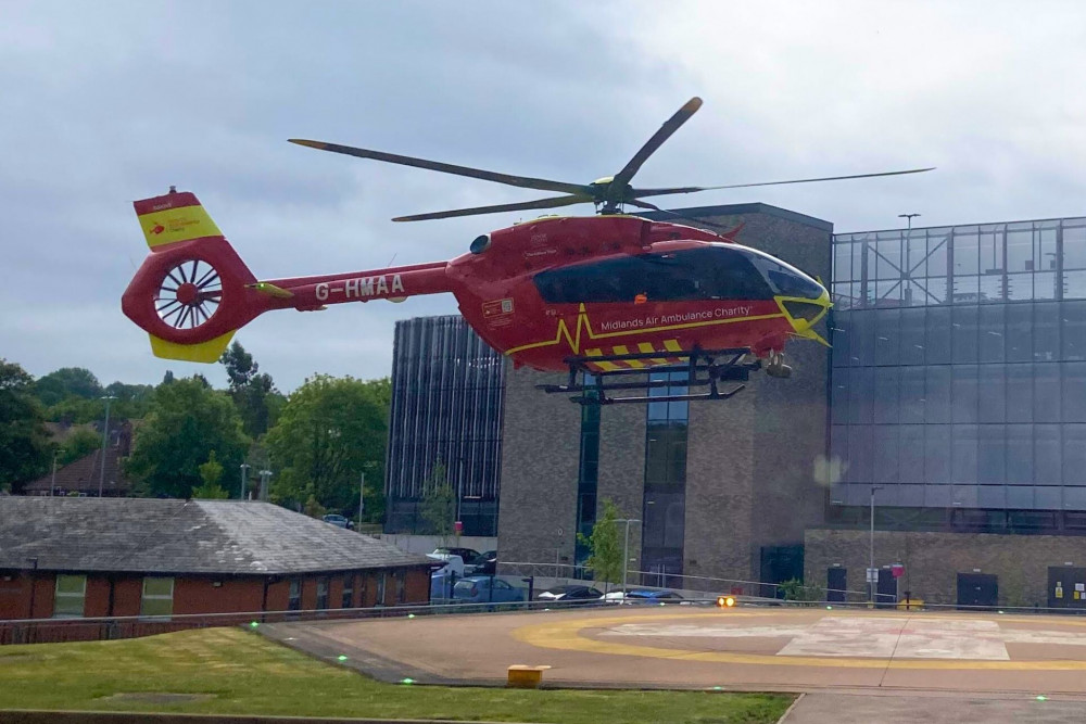 Midlands Air Ambulance celebrated the first six months' operation of a new air ambulance with a landing at Royal Stoke University Hospital. (LDRS) Midlands Air Ambulance celebrated the first six months' operation of a new air ambulance with a landing at Royal Stoke University Hospital. (LDRS)