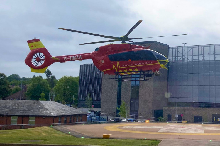 Midlands Air Ambulance celebrated the first six months' operation of a new air ambulance with a landing at Royal Stoke University Hospital. (LDRS)