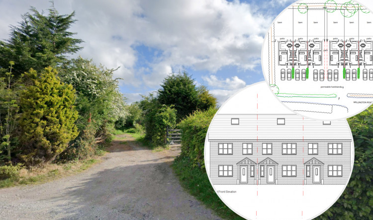 Plans have been submitted for six new houses in Hazel Grove, comprising two small rows of three houses each (Images - main: Google Maps / insets: planning documents)