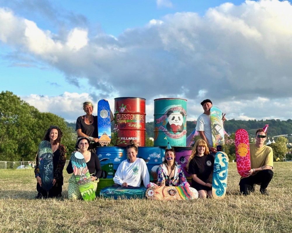 Artists renowned for painting Glastonbury Festival bins are now creating hand-painted skateboard decks for a skatepark fundraiser (Supplied) 