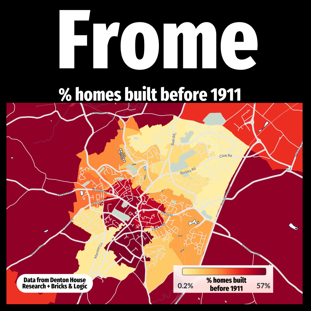 A colour-coded map reveals the areas of Frome with the highest concentration of homes built before 1911.
