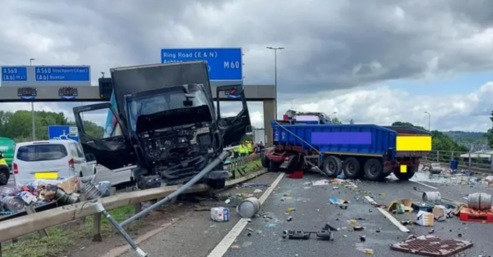 The crash on Monday 7 July left debris and diesel spilled across the M60 (Image - National Highways) The crash on Monday 7 July left debris and diesel spilled across the M60 (Image - National Highways)