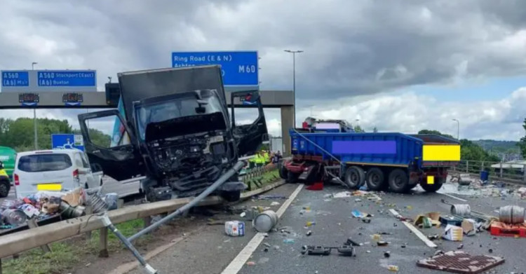 The crash on Monday 7 July left debris and diesel spilled across the M60 (Image - National Highways)