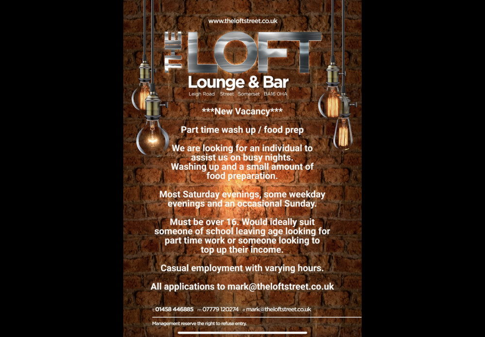 The Lounge & Bar in Street is looking for a reliable and hardworking individual to join the team and assist on busy nights. 