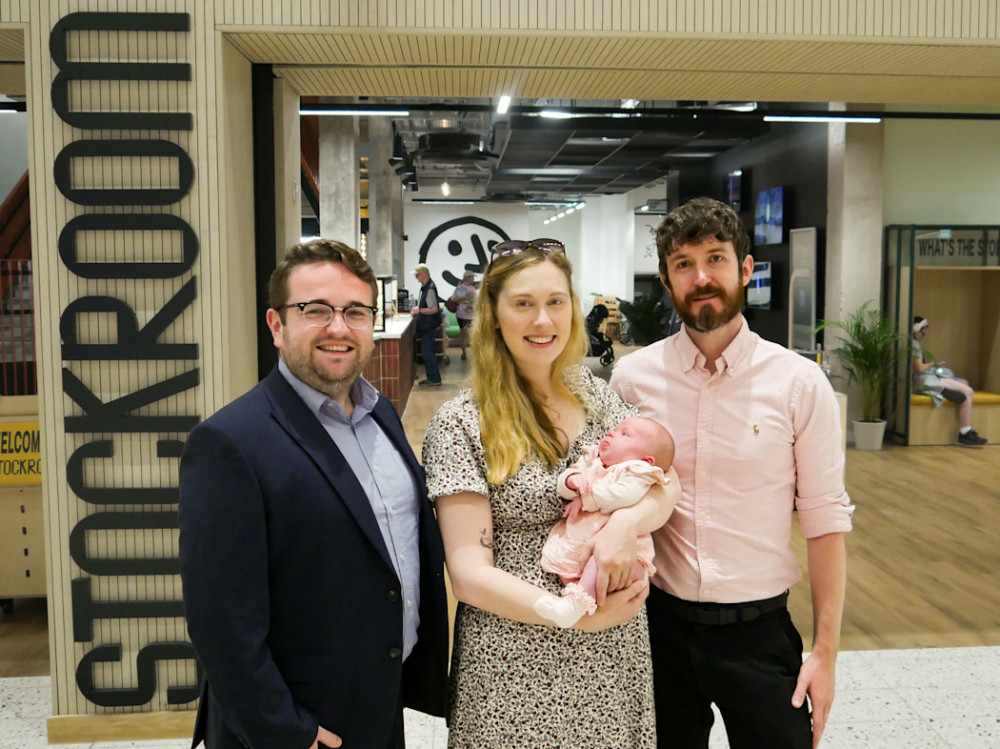 Left to right: Cllr Dan Oliver, cabinet member for communities and culture; Jen Nixon; three-week old Briana; Dan Nixon (Image - Stockport Council) Left to right: Cllr Dan Oliver, cabinet member for communities and culture; Jen Nixon; three-week old Briana; Dan Nixon (Image - Stockport Council)
