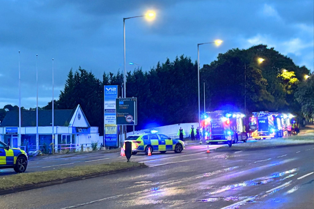 The scene at the former Lymedale Motors site in Newcastle-under-Lyme just before 10pm on Tuesday. (Supplied) The scene at the former Lymedale Motors site in Newcastle-under-Lyme just before 10pm on Tuesday. (Supplied)