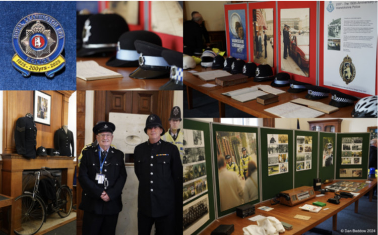 Terry Gardner and Rich Woodcock of the Warwickshire Constabulary History Society, the pin badge, and Warwickshire Constabulary History Society displays in Woodcote House, Leek Wootton at our 2024 Family Day event.