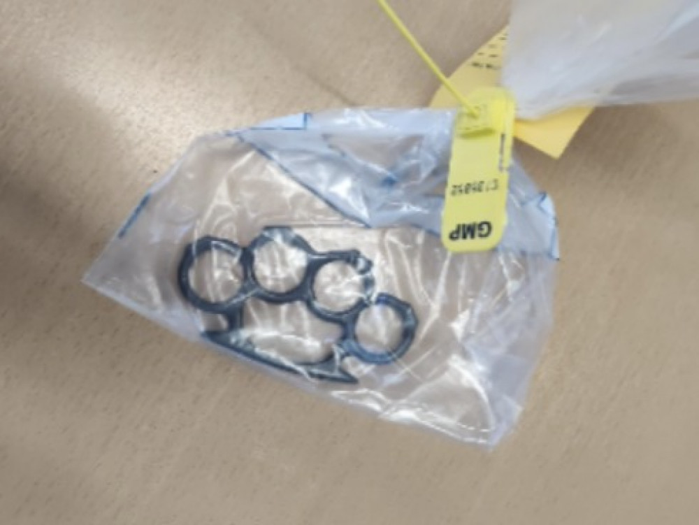 Officers from Greater Manchester Police recovered a knuckleduster and class B drugs from the streets of Stockport after stopping and searching a male (Image - GMP) Officers from Greater Manchester Police recovered a knuckleduster and class B drugs from the streets of Stockport after stopping and searching a male (Image - GMP)