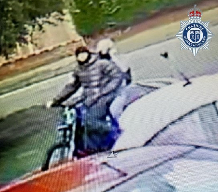 The rider was described as wearing all black clothing, a black puffer coat and a black face covering (Image via: Cheshire Constabulary)