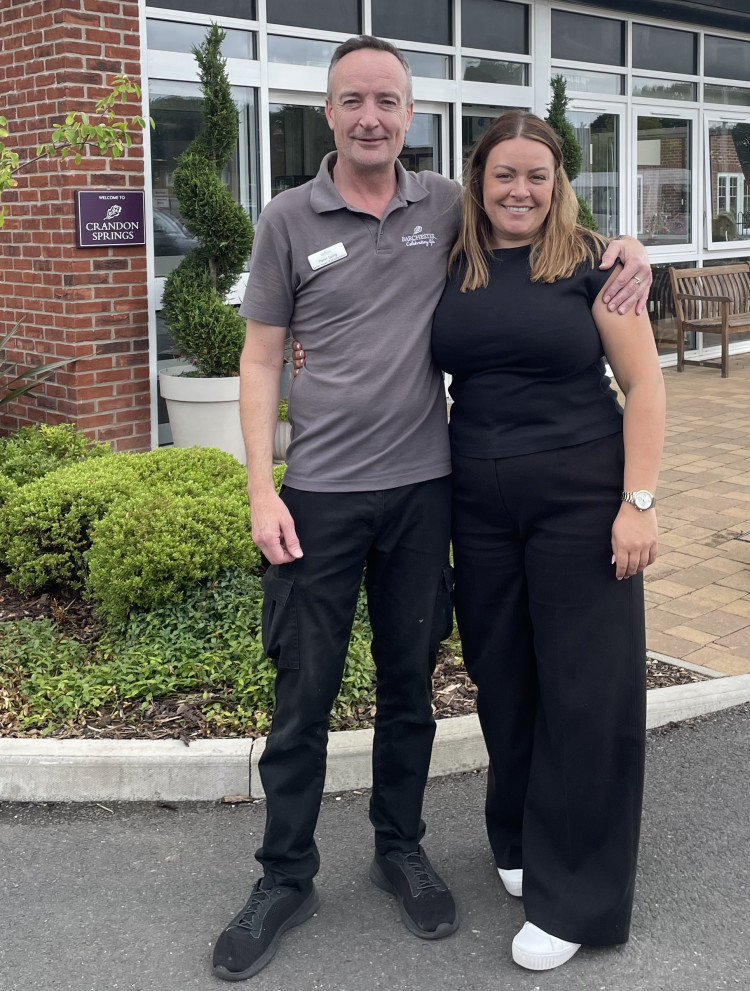 Crandon Springs Care Home General Manager, Meg Cleal, celebrating with Peter Laing, the home’s Head of Maintenance, on his Barchester Award for Health & Safety Champion.