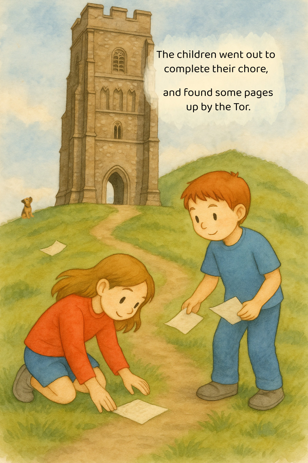 The book sees these children & dog chasing lost pages to landmarks across town.