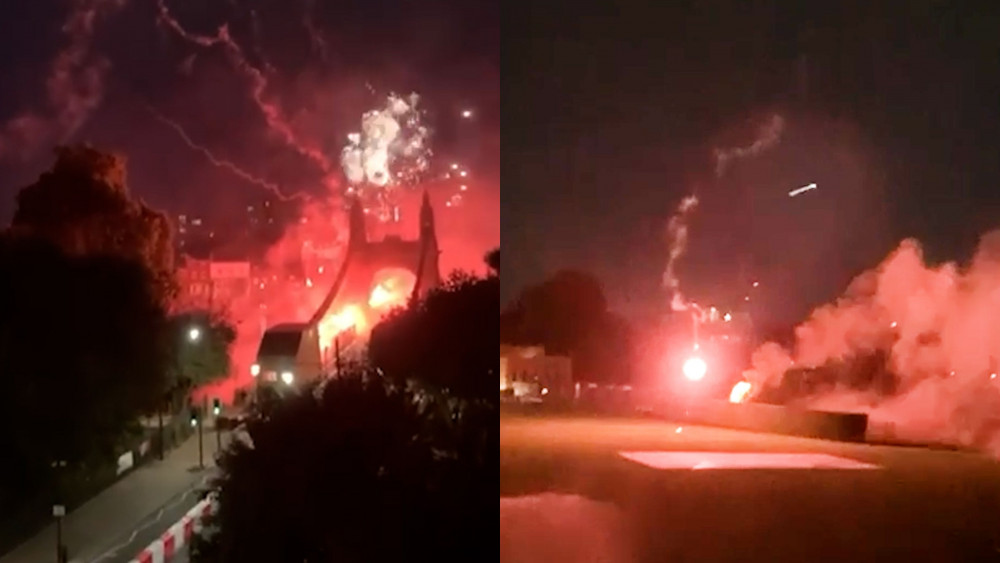 Flares launched from Hammersmith Bridge on Sunday night set hedge alight at St Paul’s School (credit: SWNS). Flares launched from Hammersmith Bridge on Sunday night set hedge alight at St Paul’s School (credit: SWNS).