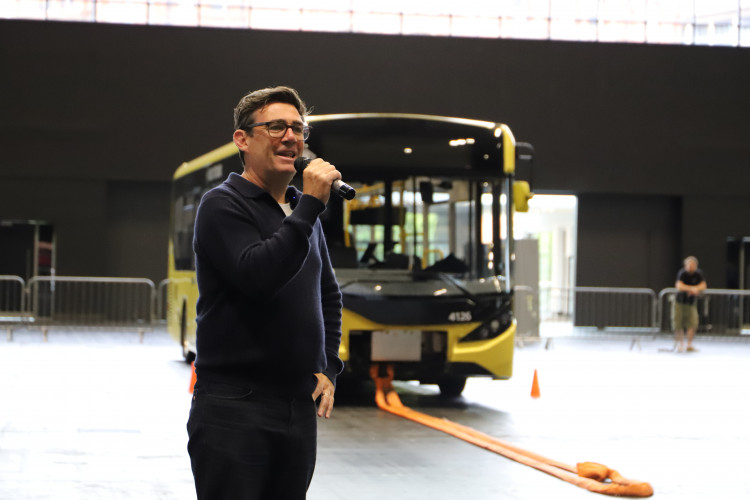 Greater Manchester Mayor Andy Burnham took part in a charity fundraiser where he attempted to pull a bus, and also explained the Bee Network's name (Image - GM Mayor's Charity)