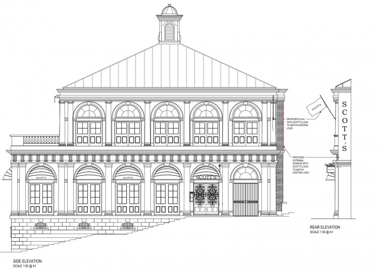 Luxury seafood restaurant Scott’s seeks council approval for polished brass sign and logo flag overlooking the Thames (credit: Planning application).