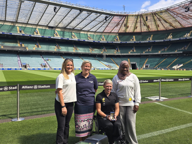 Army veteran and record-breaking athlete Lexi Chambers (centre) sets off from Twickenham Stadium on a 10-day journey to deliver the Women’s Rugby World Cup opening match whistle (credit: Nub News).